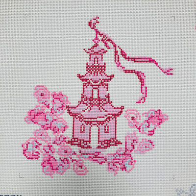 Pink Cherry Blossom Pagoda Needlepoint Canvas