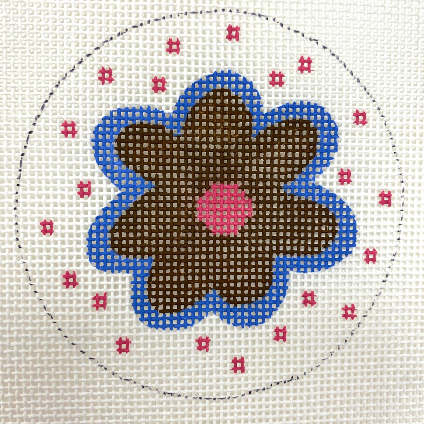 3" Round Blue & Brown Flower needlepoint canvas - Bargello Needlepoint