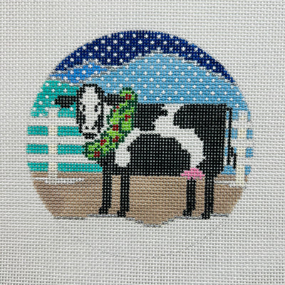 Christmas Wreath Cow Round Ornament Needlepoint Canvas