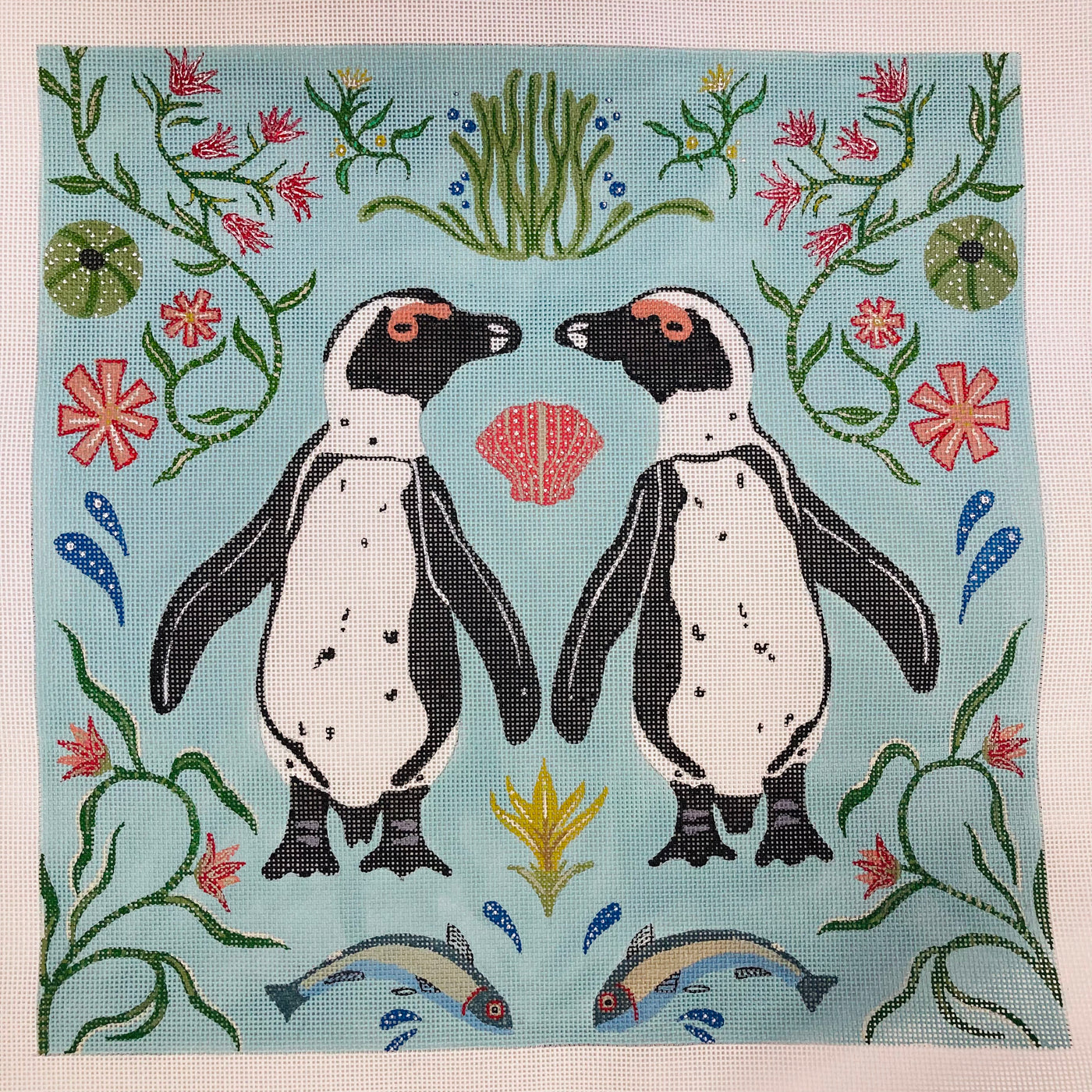 Penguins with Botanicals Needlepoint Canvas