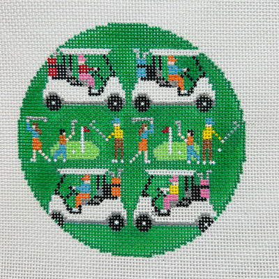 Golf Carts and Players Round Ornament Needlepoint Canvas