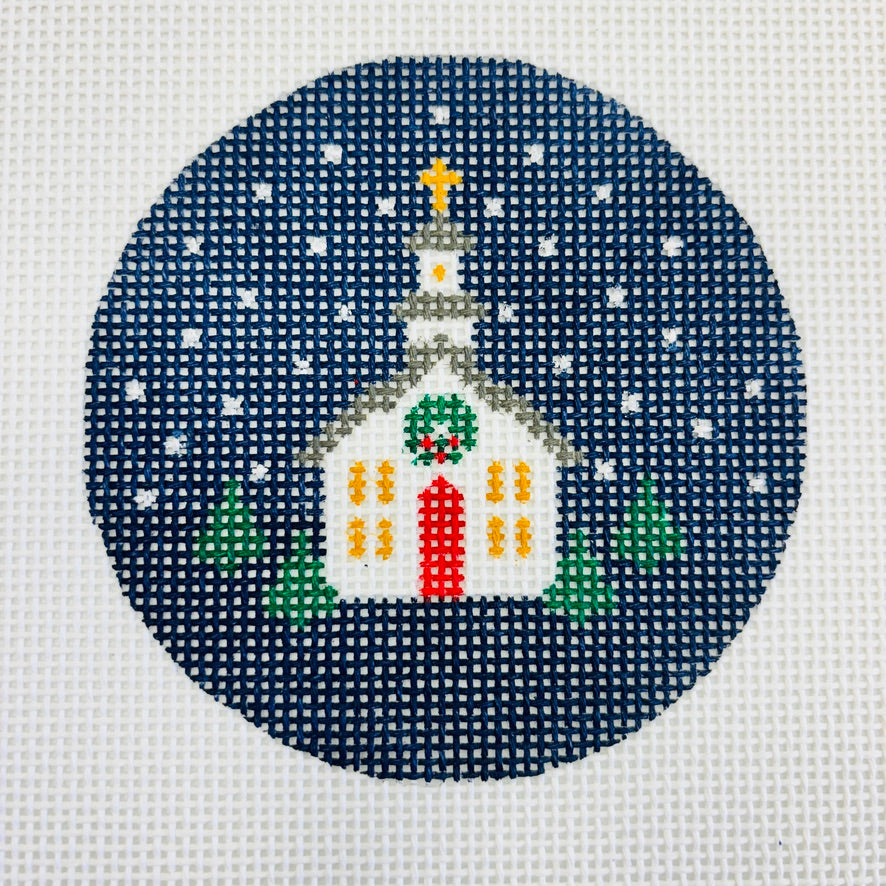 Snowy Church Round Ornament Needlepoint Canvas