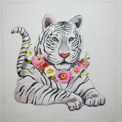 White Tiger with Floral Collar Needlepoint Canvas