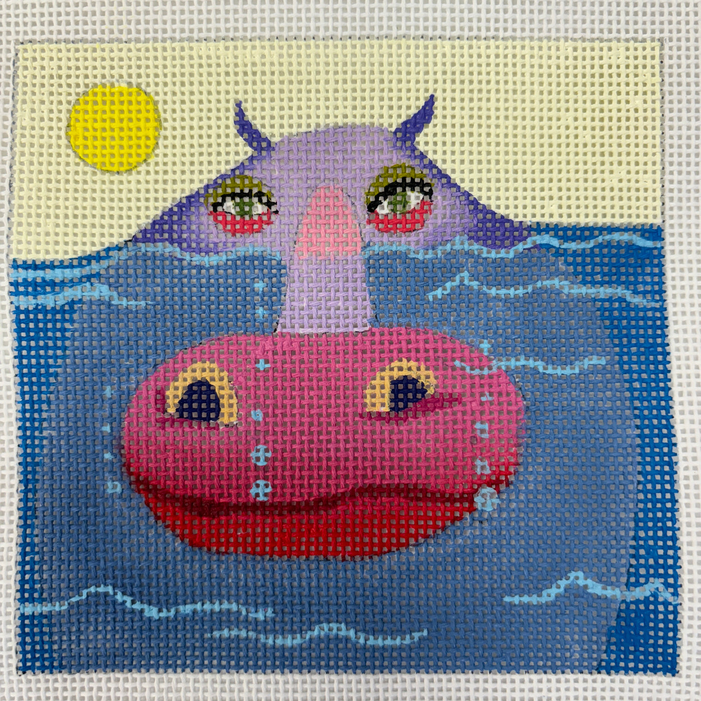 Purple Hippo in Water Needlepoint Canvas