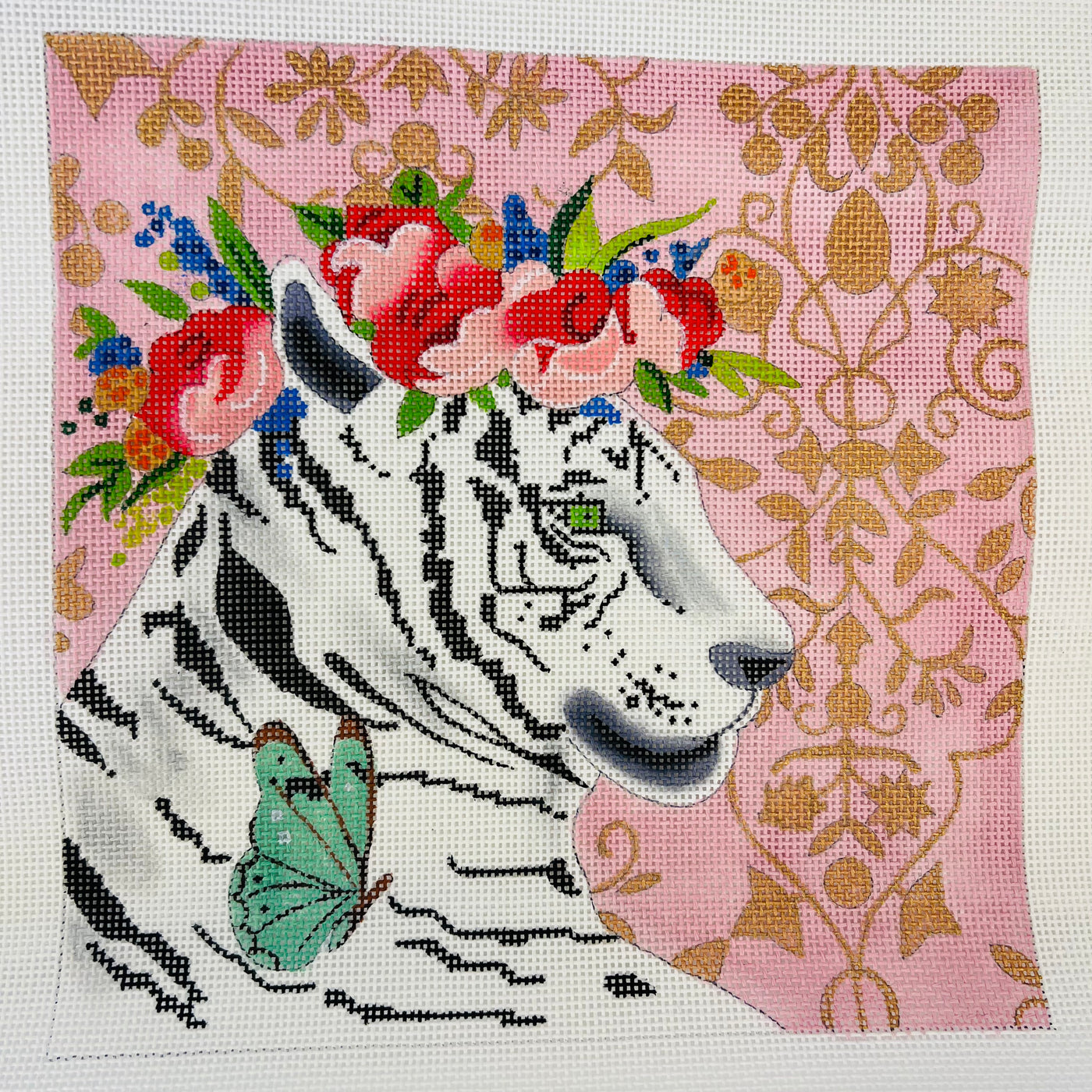 White Tiger W Floral Crown Needlepoint Canvas