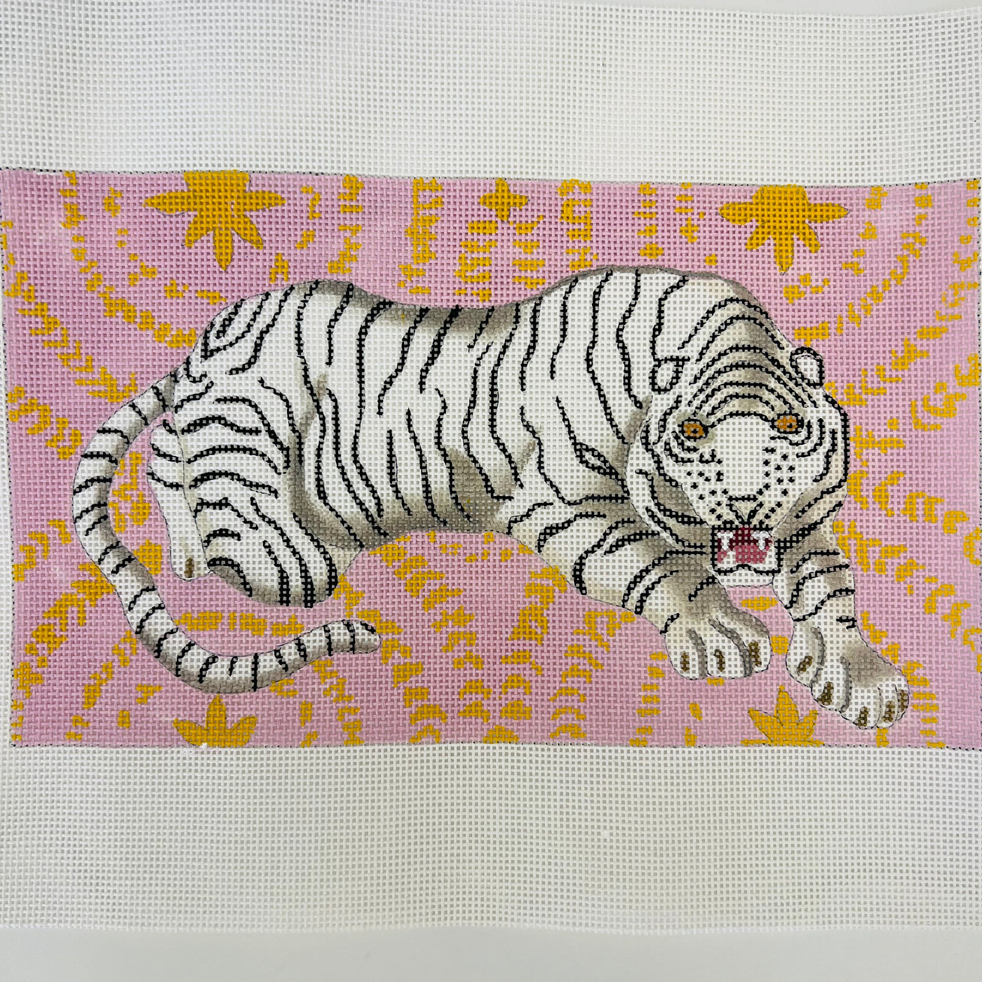 White Tiger on Pink and Orange Needlepoint Canvas