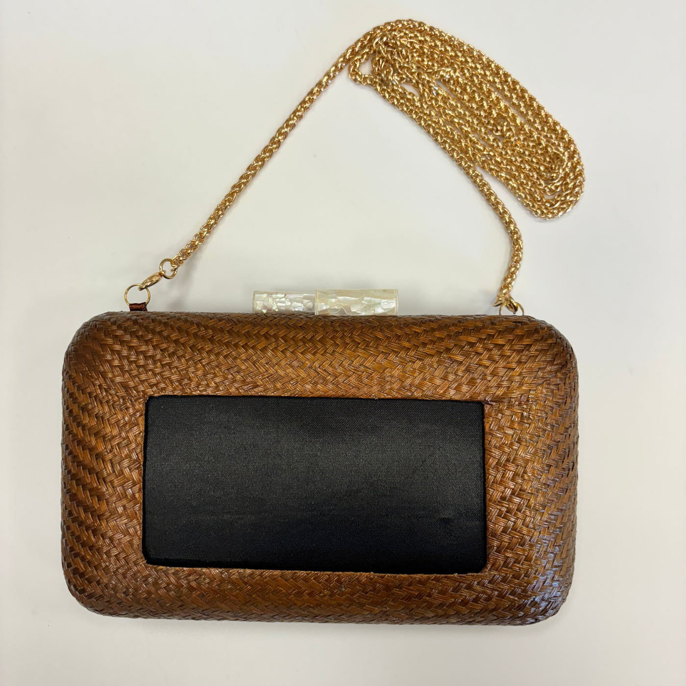 Fancy Clutch - Brown for Needlepoint Inserts showing gold chain