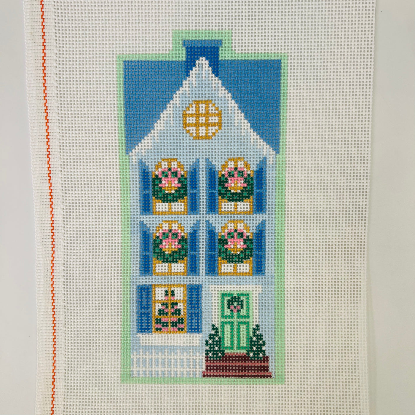 Christmas Village Blue Row House Needlepoint Canvas