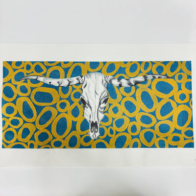 Longhorn Skull on Gold and Teal Needlepoint Canvas