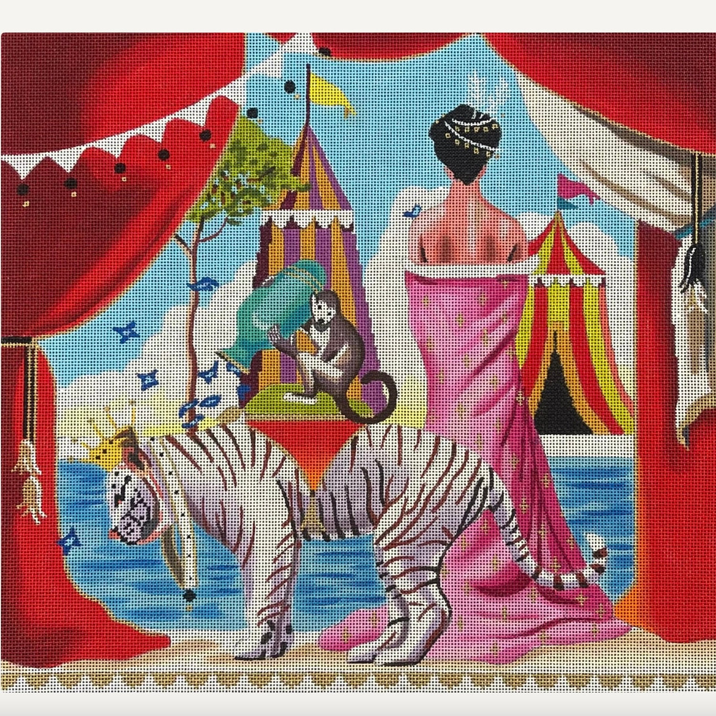 Siberian Tiger/Monkey/Lady/Tents Needlepoint Canvas