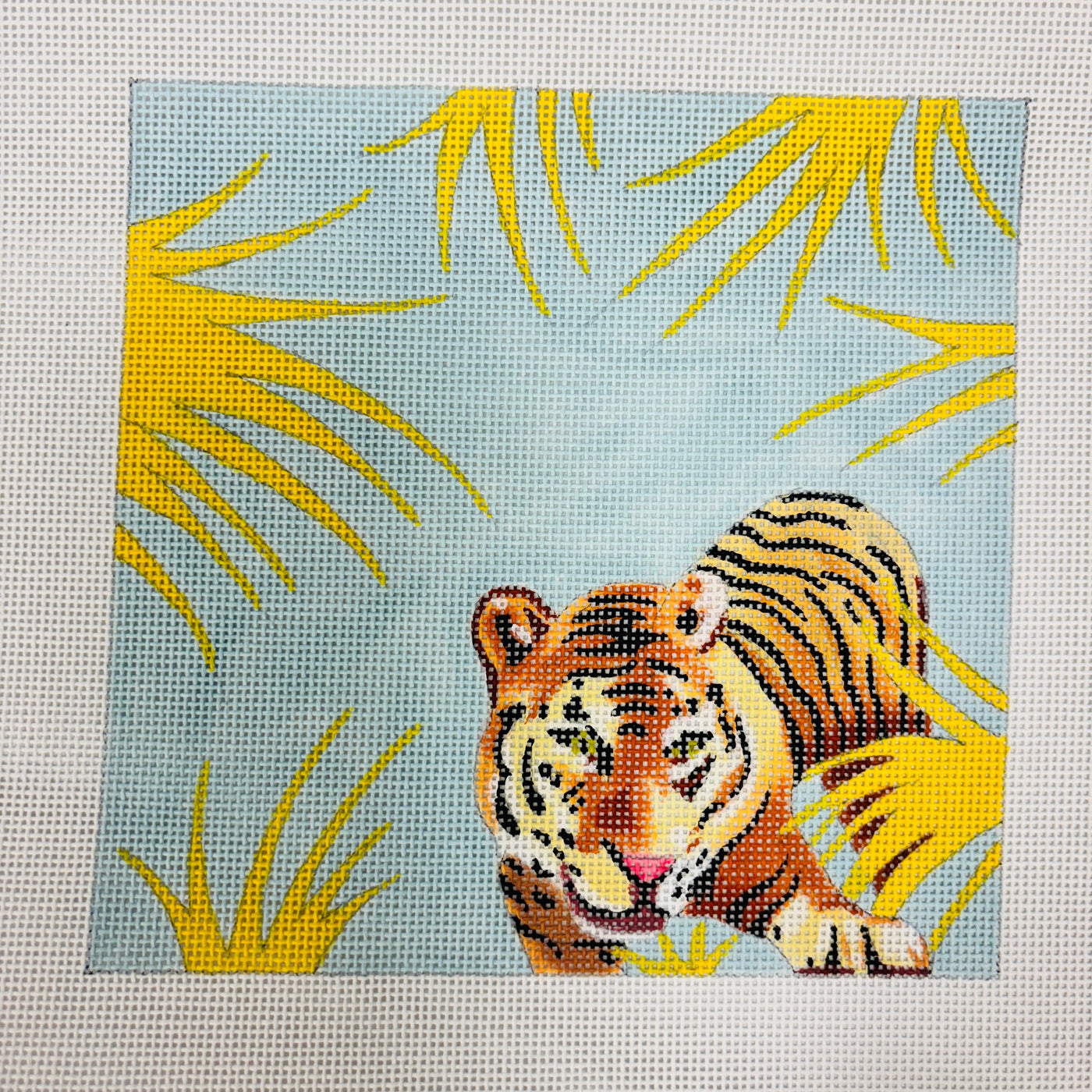 Tiger Stalking on Pale Blue Needlepoint Canvas