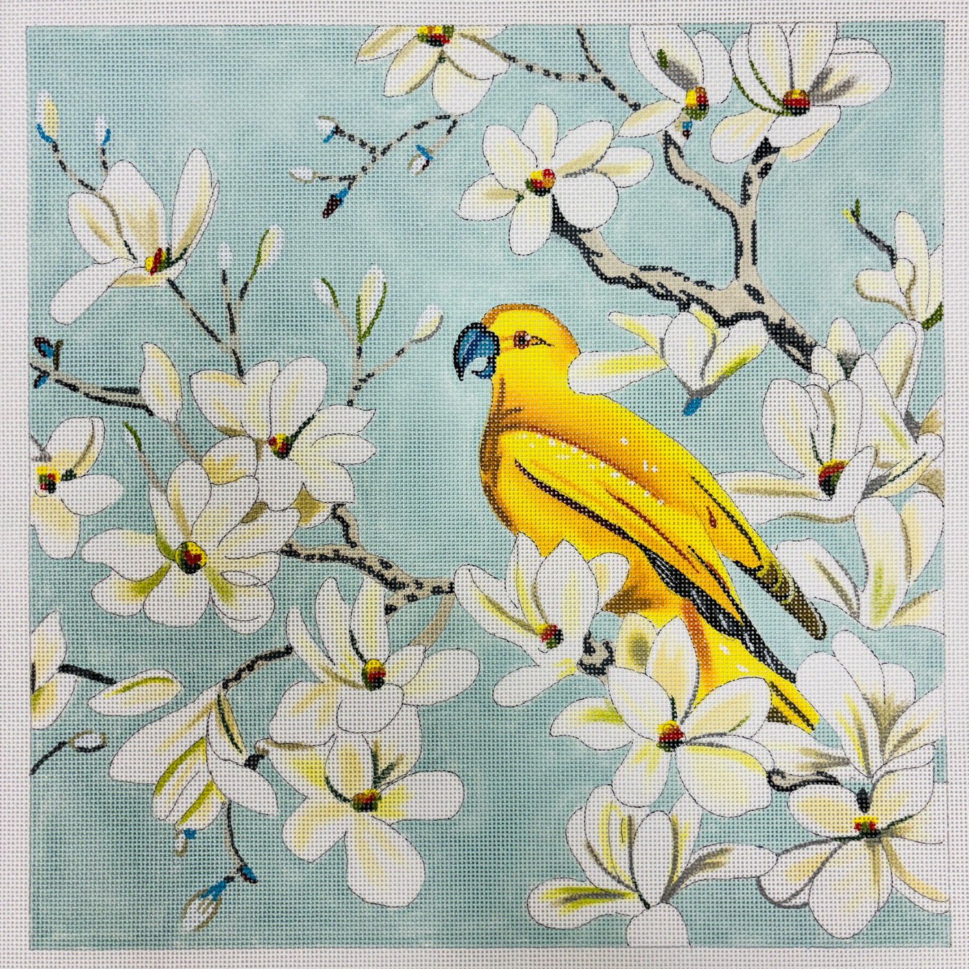 Yellow Parrot with White Flowers Needlepoint Canvas