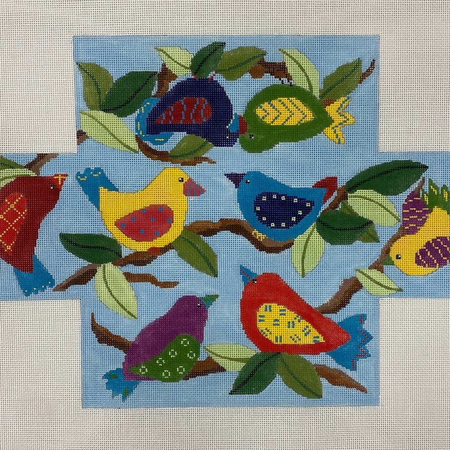 Blue Brick Cover with Colorful Birds needlepoint canvas - Bargello Needlepoint