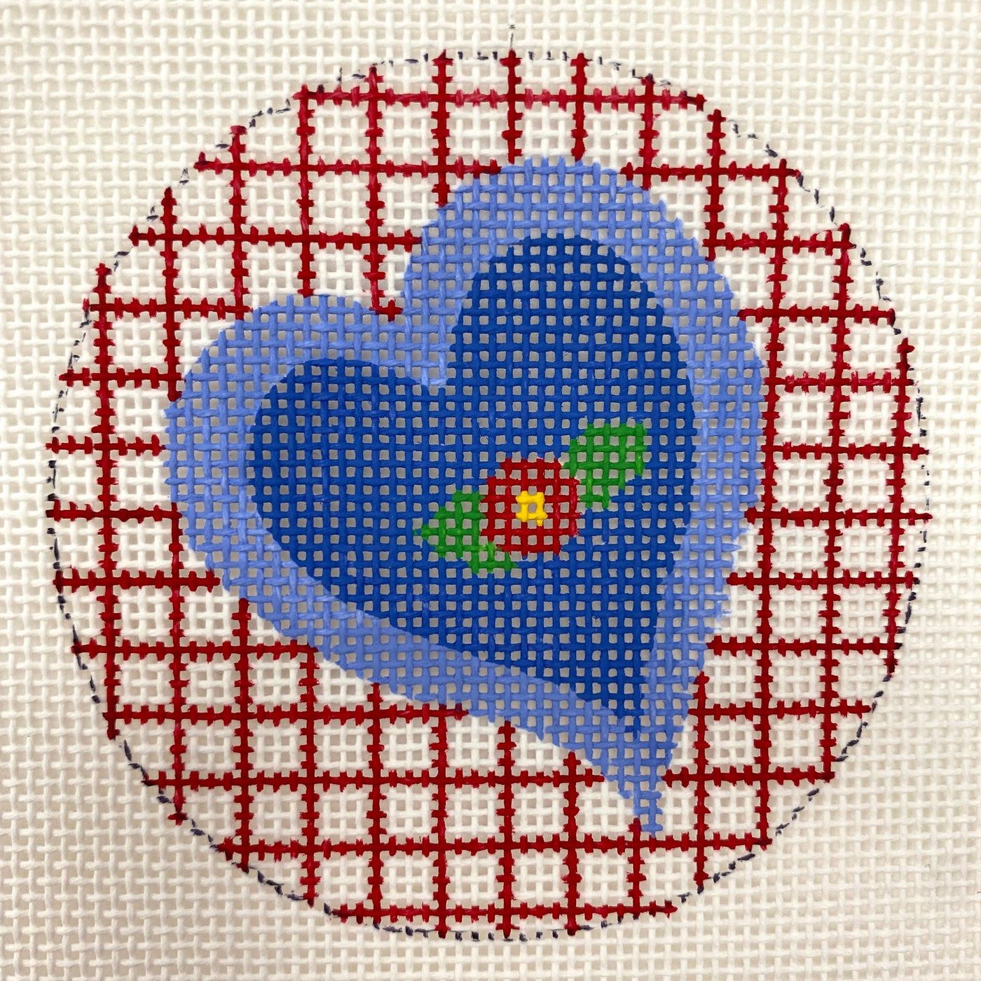 Blue Heart on Red Criss Cross needlepoint canvas - Bargello Needlepoint