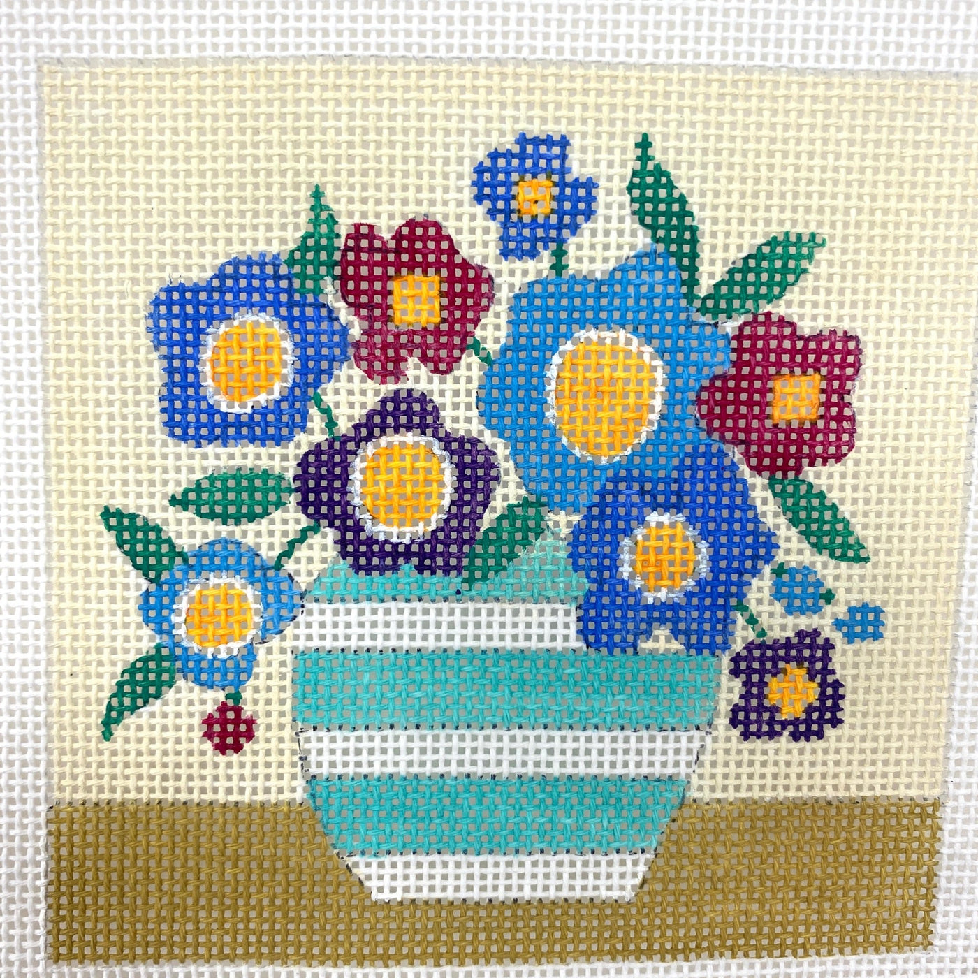 Blue Mod Flowers Insert/Coaster needlepoint canvas - Bargello Needlepoint