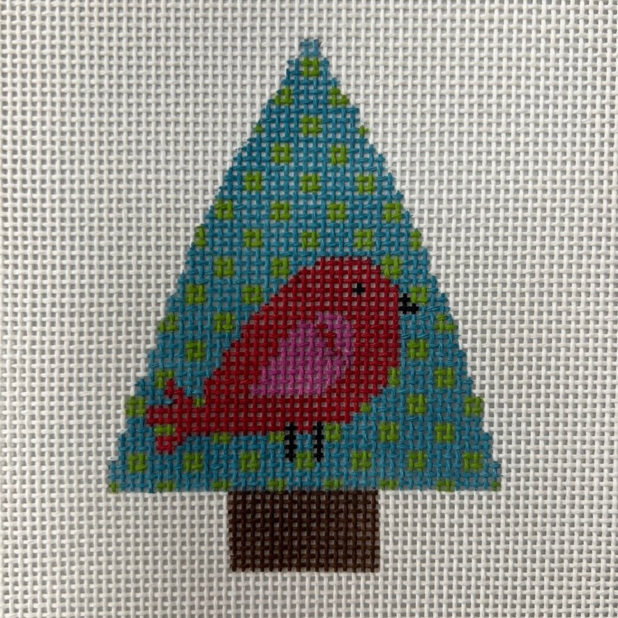 Blue Tree with Red Bird Ornament needlepoint canvas - Bargello Needlepoint