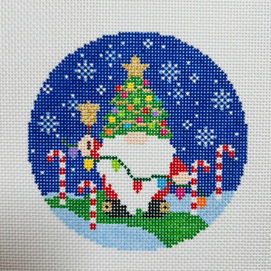 Christmas Gnome Round Ornament needlepoint canvas - Bargello Needlepoint