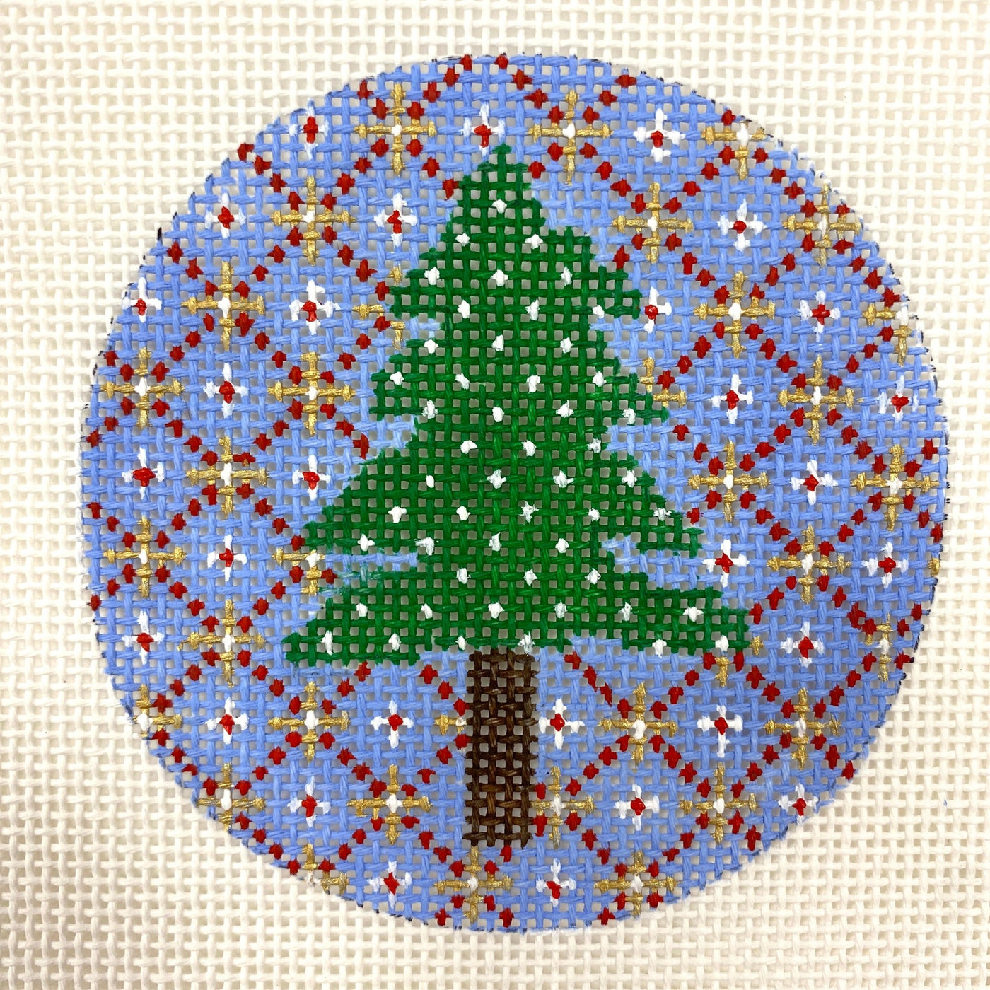 Christmas Tree Ornament on Blue with Red & Gold needlepoint canvas - Bargello Needlepoint