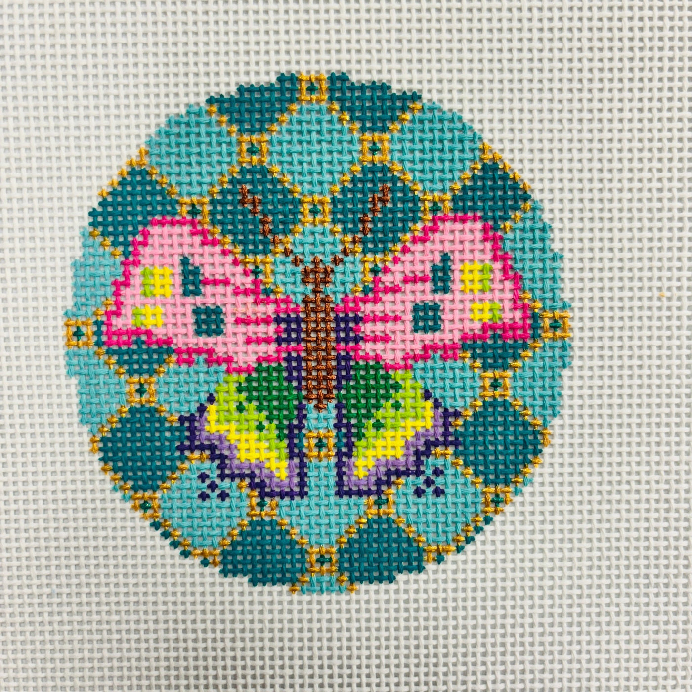 Colorful Butterfly on Turquoises Round Insert needlepoint canvas - Bargello Needlepoint