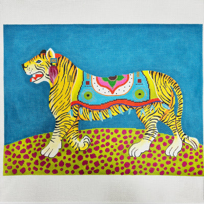 Colorful Tiger On Teal Blue needlepoint canvas - Bargello Needlepoint