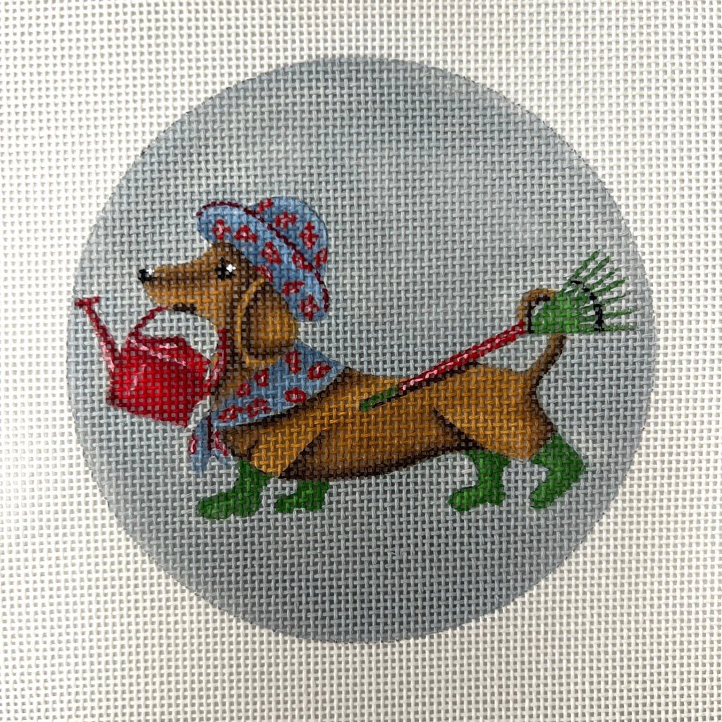 Doxon/Dachshund Gardening Round Ornament Needlepoint Canvas