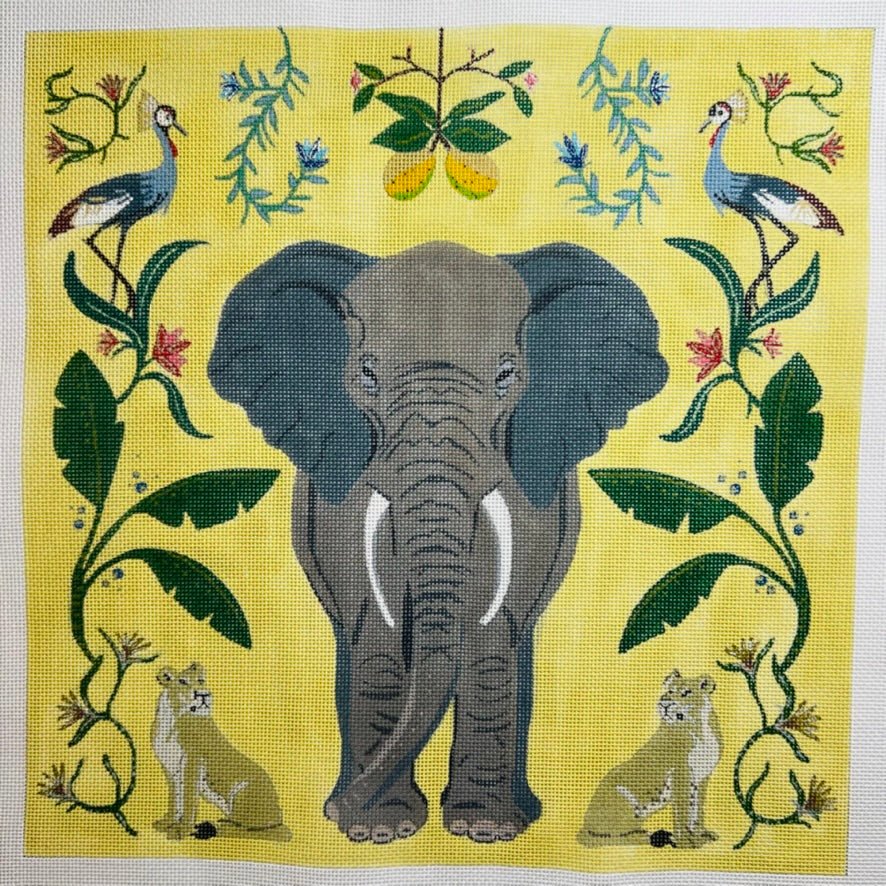 Elephant with Botanicals on Yellow needlepoint canvas - Bargello Needlepoint