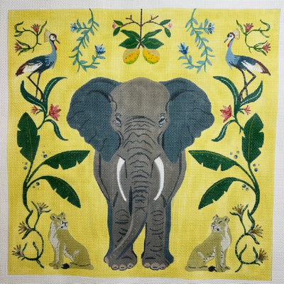 Elephant with Botanicals on Yellow needlepoint canvas - Bargello Needlepoint