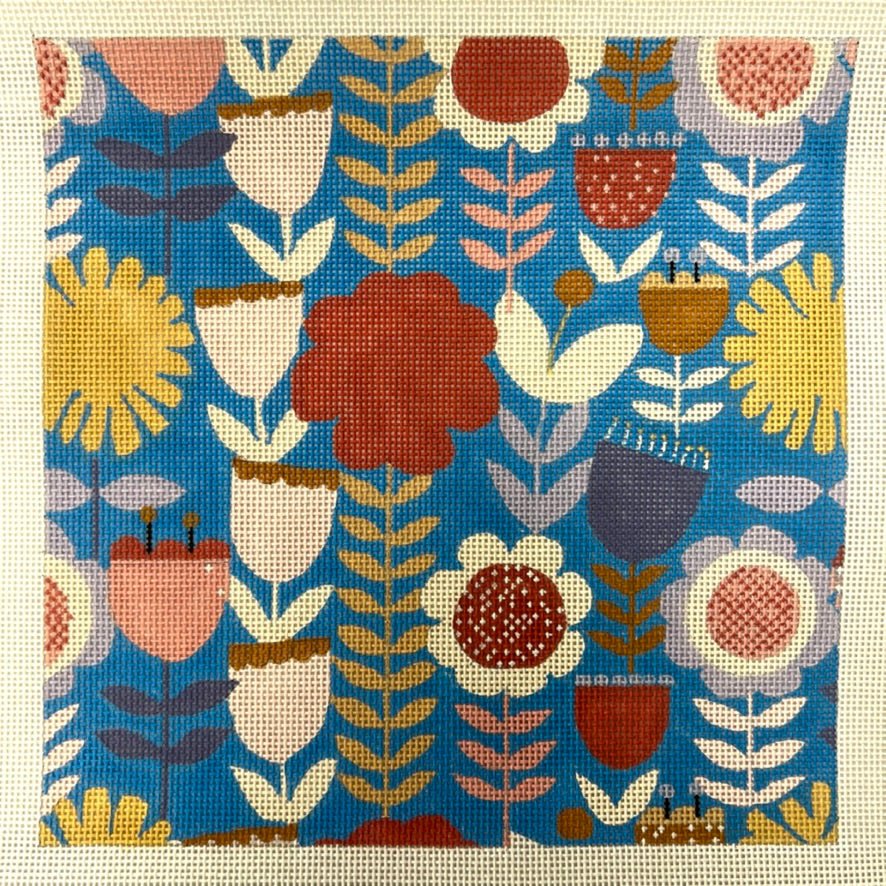 Flowers on Bright Blue needlepoint canvas - Bargello Needlepoint