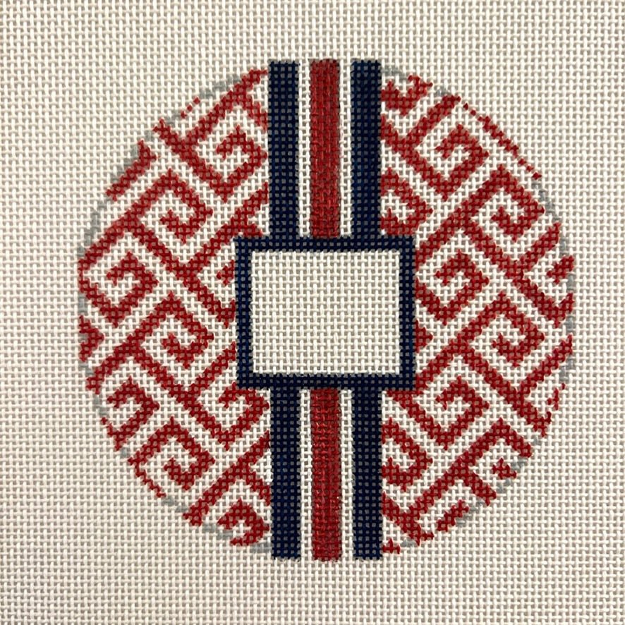 Greek Key Round with Monogram Box - Multiple Colorways needlepoint canvas - Bargello Needlepoint