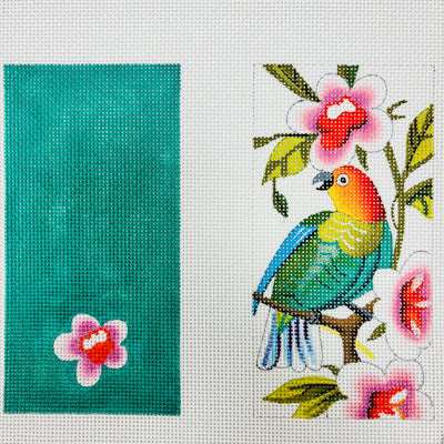 Green Parrot Pink Floral Eyeglass Case needlepoint canvas - Bargello Needlepoint