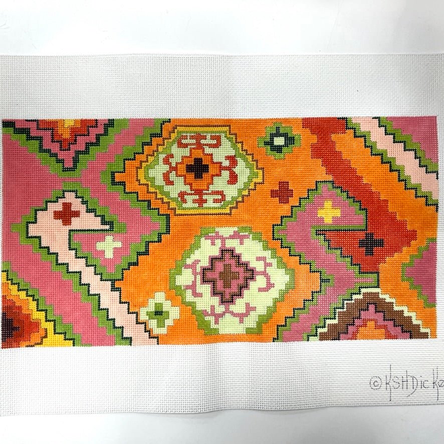 Kilim Rectangle w/ Duck Head Motif – desert sunset palette needlepoint canvas - Bargello Needlepoint