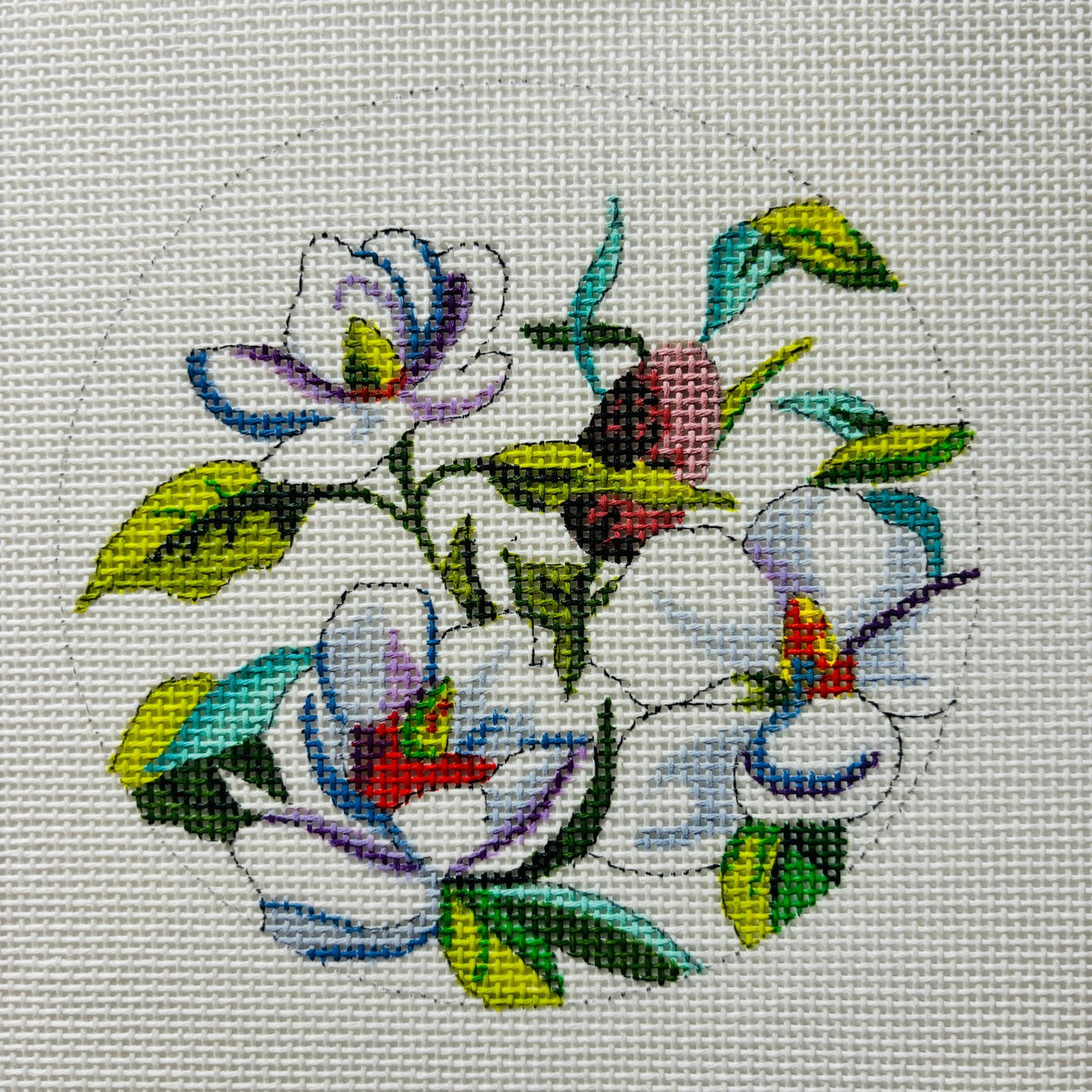 Magnolias Round Insert needlepoint canvas - Bargello Needlepoint