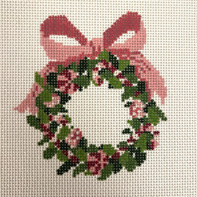 Monogramable Pink Wreath with Candy Ornament needlepoint canvas - Bargello Needlepoint