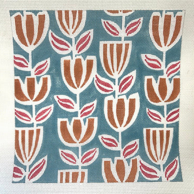 Orange Flowers on Blue needlepoint canvas - Bargello Needlepoint