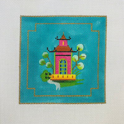 Pagoda On Turquoise Coaster needlepoint canvas - Bargello Needlepoint