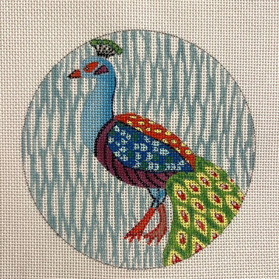 Peacock on Teal and White needlepoint canvas - Bargello Needlepoint