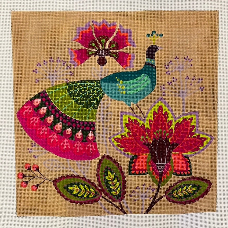 Peacock with Flower needlepoint canvas - Bargello Needlepoint