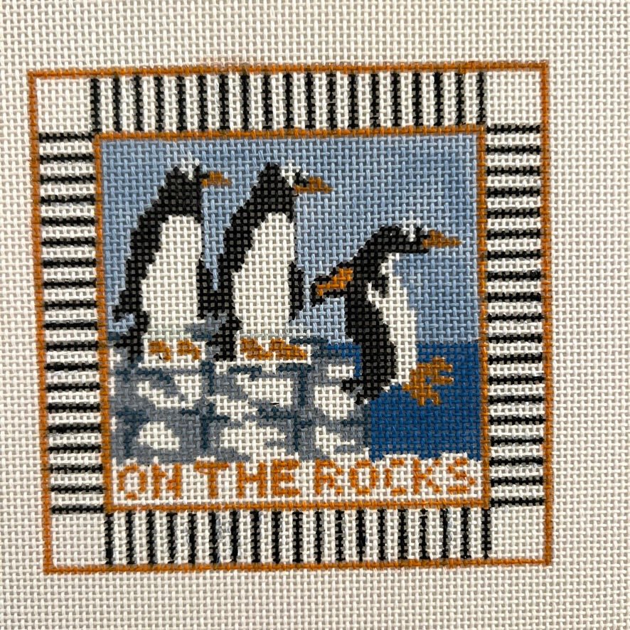 Penquins on the Rocks Coaster needlepoint canvas - Bargello Needlepoint