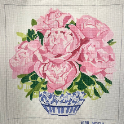 Peony Bouquet in Blue & White Pot needlepoint canvas - Bargello Needlepoint