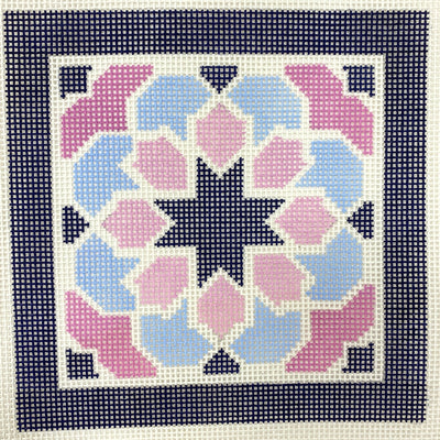 Pink and Blue Geometric with Navy Border (with Optional Fiber Kit) needlepoint canvas - Bargello Needlepoint