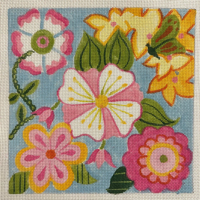 Pink Floral on Blue needlepoint canvas - Bargello Needlepoint