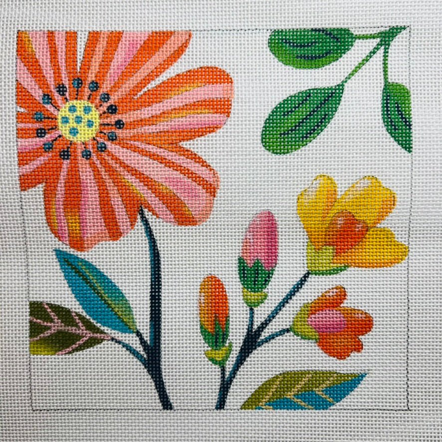 Pink & Orange Flower Square needlepoint canvas - Bargello Needlepoint