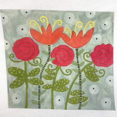 Red Flowers on Green needlepoint canvas - Bargello Needlepoint