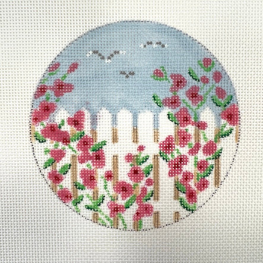 Rose Covered Picket Fence 4" Round needlepoint canvas - Bargello Needlepoint