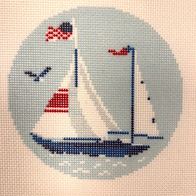 Sailing Yacht Round Ornament needlepoint canvas - Bargello Needlepoint