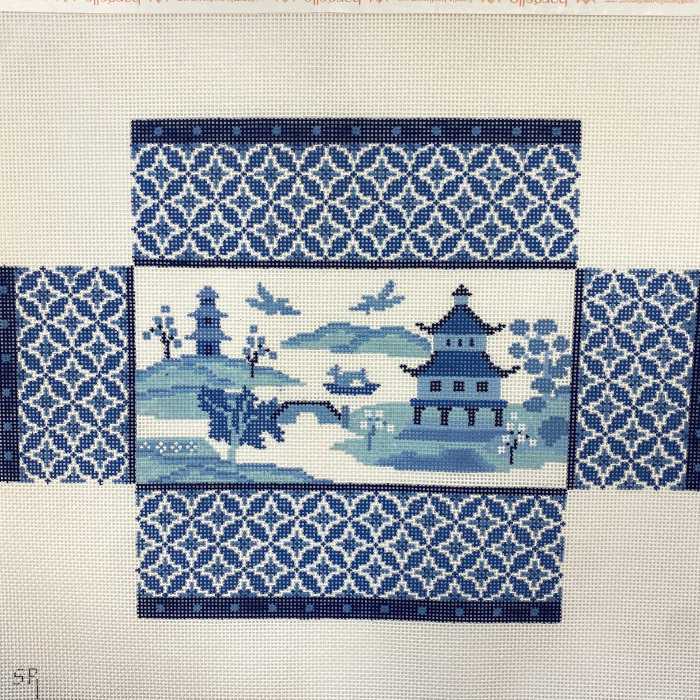 Scenic Blue & White Pagoda Brick Cover needlepoint canvas - Bargello Needlepoint