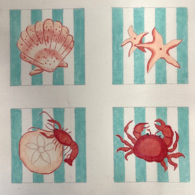 Shells & Crustaceans on Cabana Stripes Coasters needlepoint canvas - Bargello Needlepoint