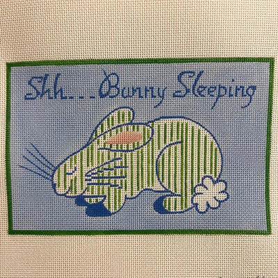 “Shh...Bunny Sleeping” Blue & Green Striped Bunny on light blue needlepoint canvas - Bargello Needlepoint