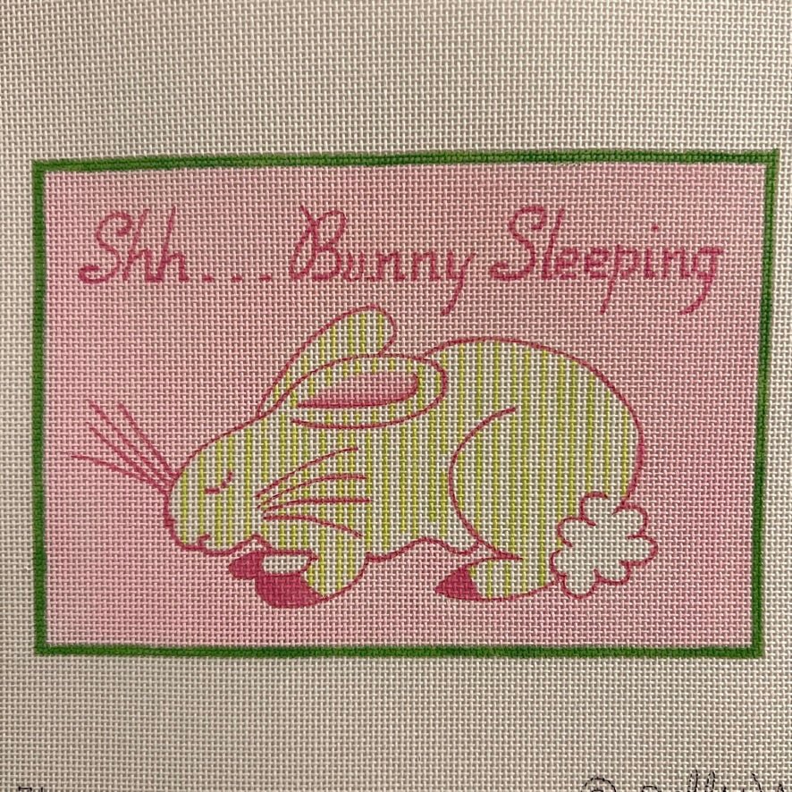 “Shh...Bunny Sleeping” Blue & Green Striped Bunny on pink needlepoint canvas - Bargello Needlepoint