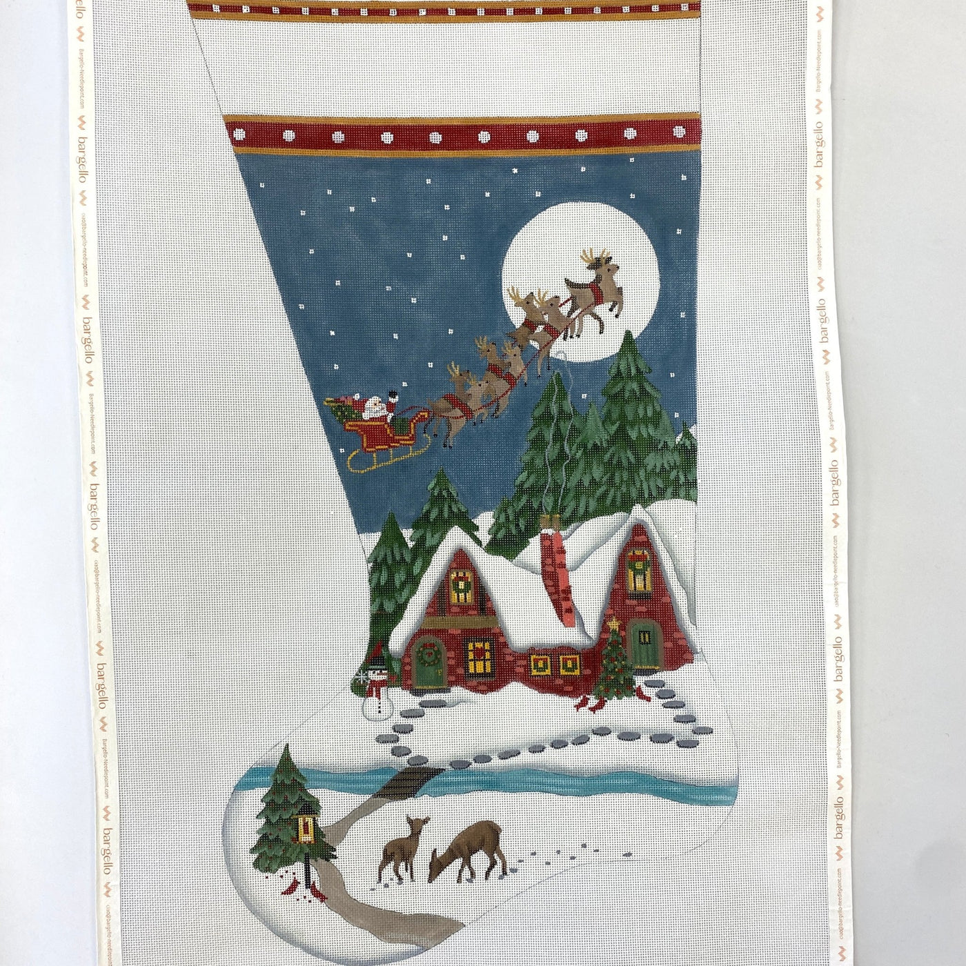 Snowy Red House Stocking needlepoint canvas - Bargello Needlepoint